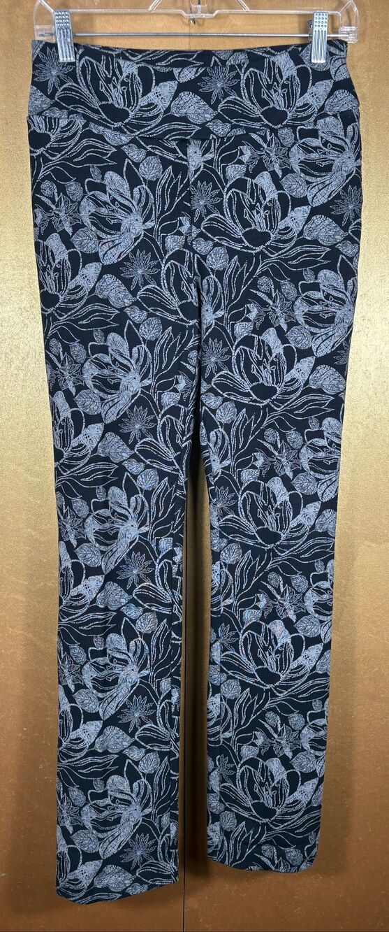 Soft surroundings black silver botanical floral print pull on ankle pants size X